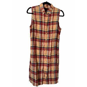 Vintage Ralph Ralph Lauren Yellow Red Plaid Linen Sleeveless Button Front Dress